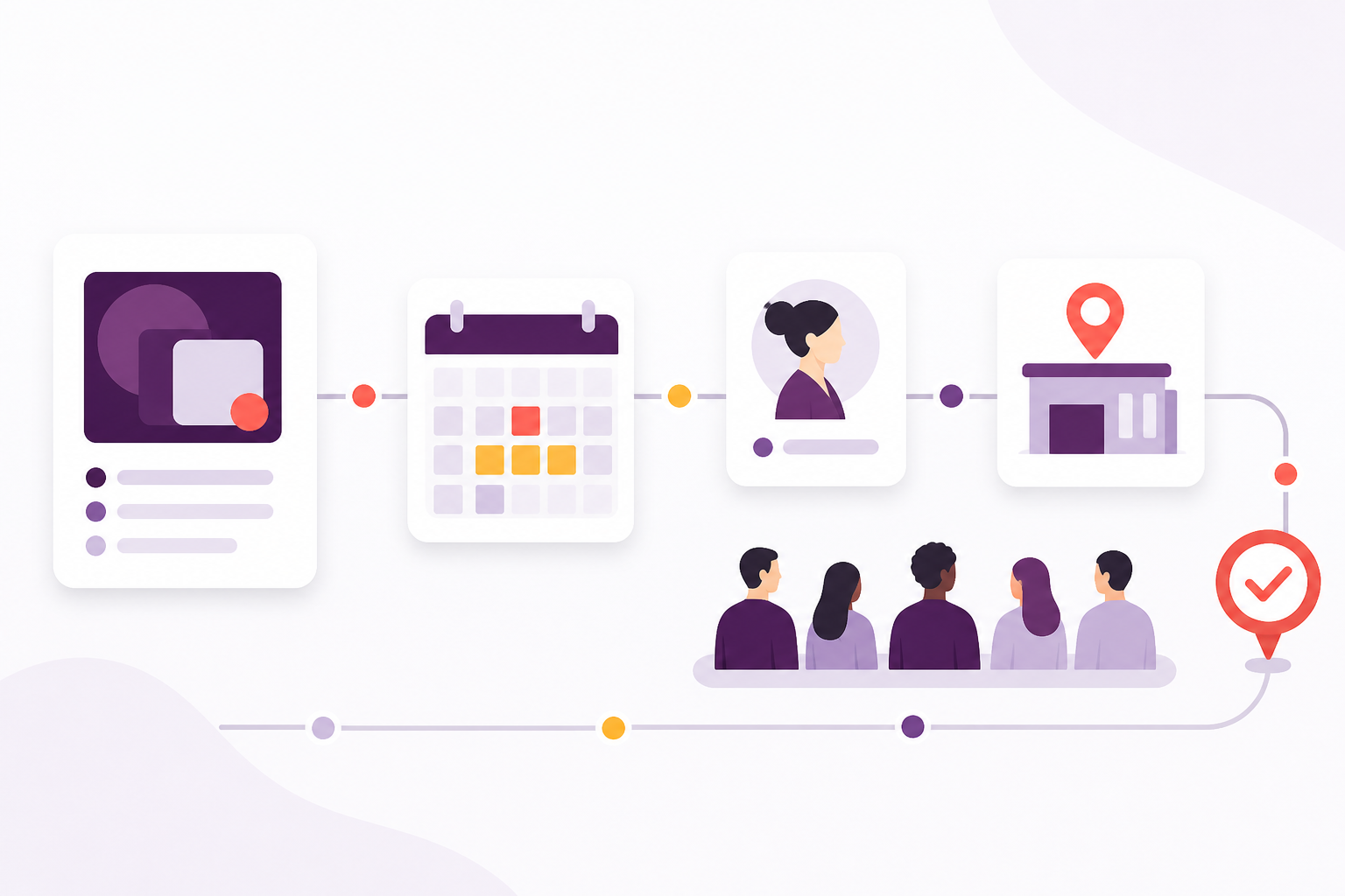 Course delivery connecting a calendar, trainer, venue, learners and check-in.